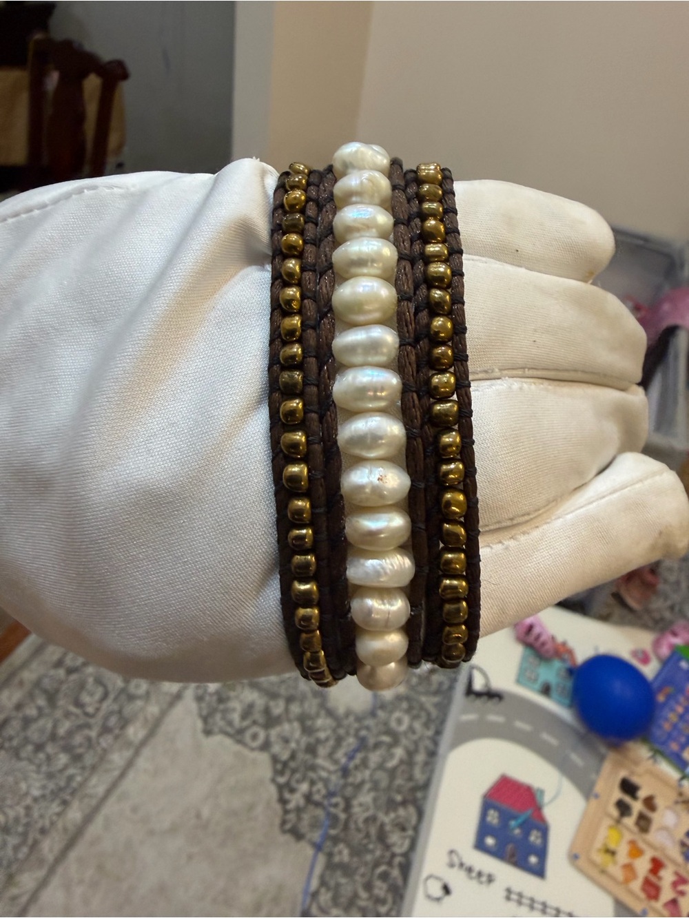 Boho Freshwater Pearl Leather Wrap Bracelet Gold Seed Bead Multi Strand Cuff
